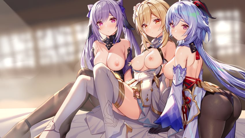 3girls ahoge akusema arm_support ass back backless_outfit bangs bare_shoulders black_gloves black_legwear black_leotard blonde_hair blue_hair blush bodystocking bodysuit bow breasts breasts_out cleavage detached_sleeves exposed_breasts flower from_side furrowed_brow ganyu_(genshin_impact) genshin_impact gloves gold_trim hair_cones hair_flower hair_ornament highres horns indoors keqing_(genshin_impact) keqing_(opulent_splendor)_(genshin_impact) knees_up large_breasts leotard leotard_under_clothes long_hair looking_at_viewer low_ponytail lumine_(genshin_impact) medium_breasts multiple_girls nipples official_alternate_costume pantyhose purple_eyes purple_hair sideboob sidelocks sitting thighlet twintails very_long_hair white_flower white_legwear white_sleeves window yellow_eyes