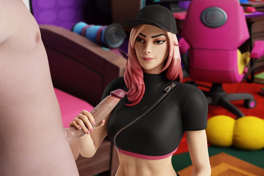 1girls 1male 3d athleisure_assassin big_penis blender blender_(software) brown_eyes female fit_female fortnite hand_on_penis handjob kem69 smiling tagme video_games