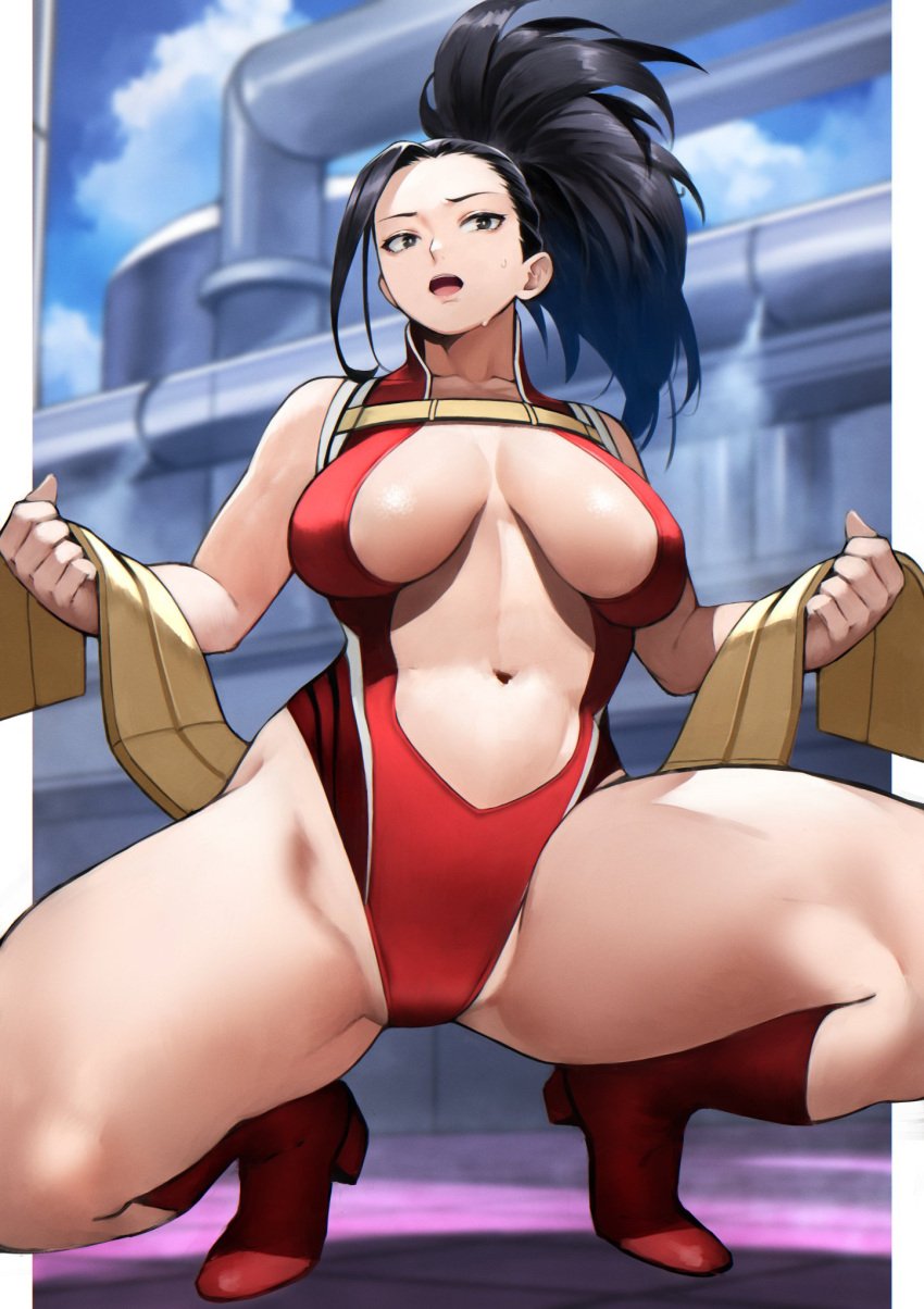 1girls 2022 belly_button black_hair boots breasts female female_only heels hero_outfit_(mha) inner_sideboob large_breasts leotard momo_yaoyorozu my_hero_academia navel open_mouth outdoors ponytail red_leotard solo solo_female spread_legs squatting sweat thick_thighs thighs undressing yoshi55level yoshio_(55level)