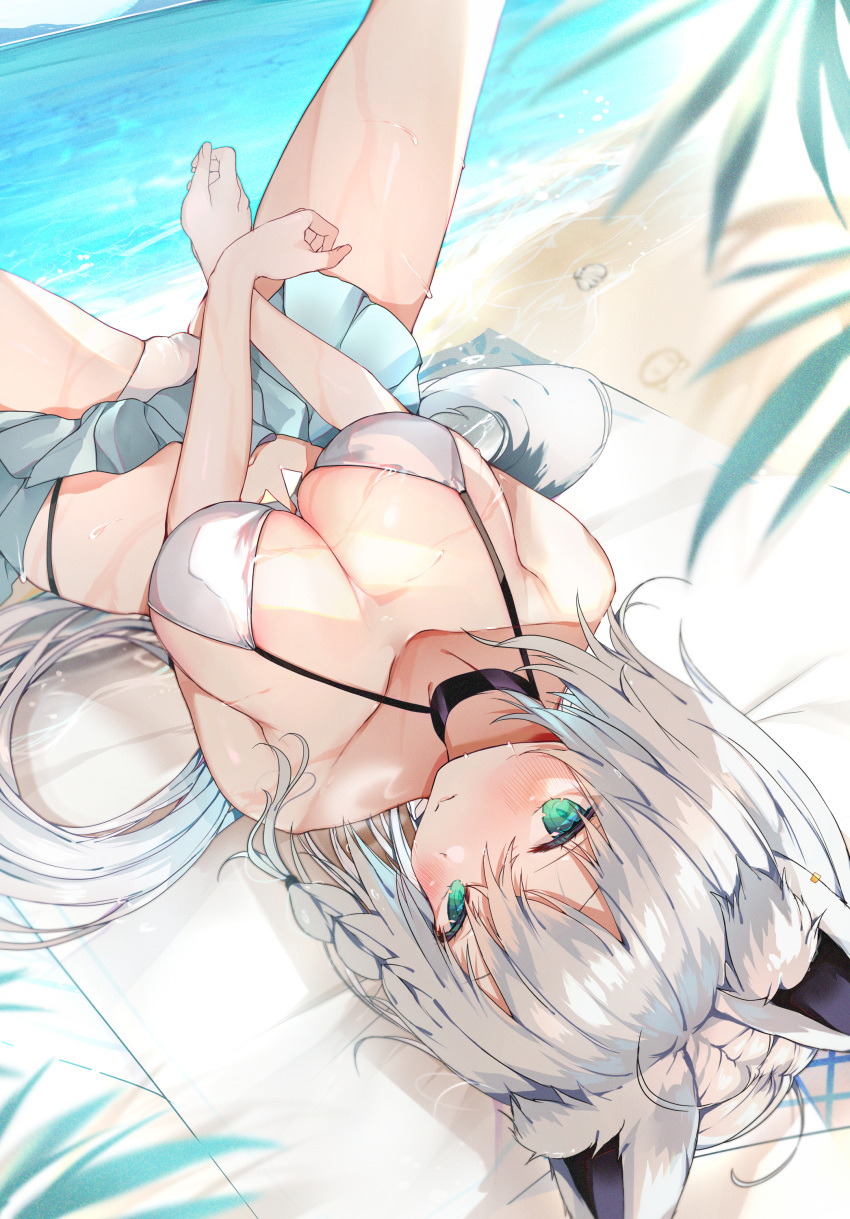 absurdres animal_ears bangs beach bikini bikini_skirt black_choker blanket blush braid breasts choker cleavage eyebrows_visible_through_hair female fox_ears fox_girl fox_tail green_eyes hair_between_eyes highres hololive hololive_gamers hololive_gen_1 hololive_japan large_breasts long_hair looking_at_viewer lying niku_(hamuchang) ocean on_back palm_leaf shirakami_fubuki sidelocks single_braid smile solo spread_legs swimsuit tail virtual_youtuber white_bikini white_hair