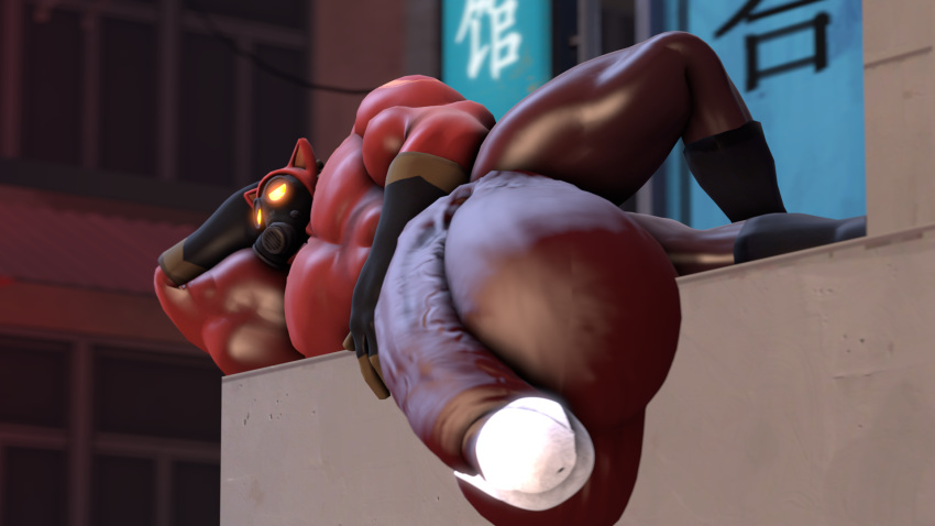 1boy 3d cum cum_leaking cum_on_tip huge_balls huge_cock hyper_penis laying_on_side male muscular muscular_male pyro pyro_(team_fortress_2) solo_male source_filmmaker team_fortress_2