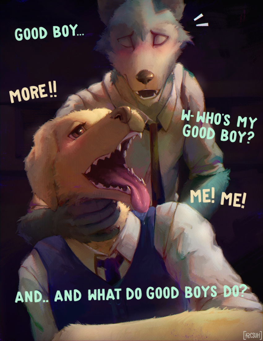 anthro arcsuh beastars bird_dog canid canine canis clothed clothing digital_media_(artwork) domestic_dog duo english_text from_behind_position fur good_boy hi_res hunting_dog jack_(beastars) legoshi_(beastars) male male/male male_only male_penetrated male_penetrating male_penetrating_male mammal neck_grab open_mouth painted partially_clothed penetration retriever sex teeth text tongue tongue_out wolf