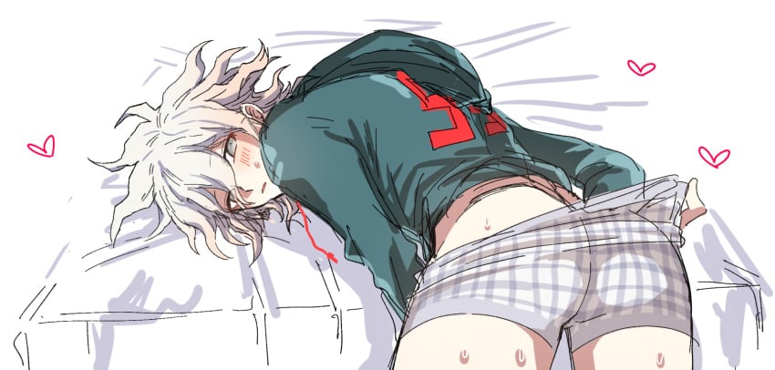 1boy ass bent_over blush boxers boxers_pull clothed clothing danganronpa danganronpa_2:_goodbye_despair grey_eyes light_skin looking_back male male_only nagito_komaeda solo straight_hair sweat toke78r white_hair