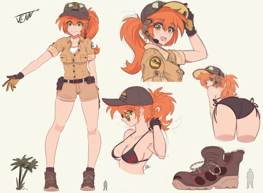 ass bikini breasts giantess huge_ass huge_breasts jurassic_park khakis original_character park_ranger ranger ranger_jen_(raps) raps red_hair sunglasses swimsuit tinted_eyewear