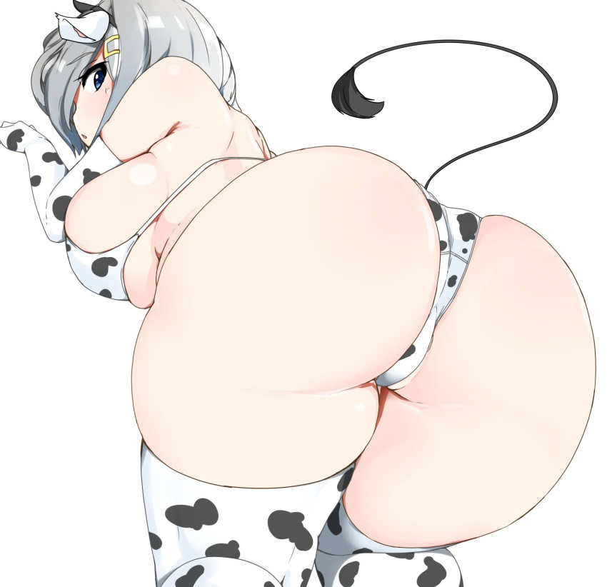 animal_ears animal_print ass bikini breasts cow_ears cow_girl cow_print cow_tail elbow_gloves female from_behind gloves hair_ornament hair_over_one_eye hairclip hamakaze_(kantai_collection) hauto-san highres huge_ass kantai_collection large_breasts print_bikini swimsuit tail thighhighs white_background