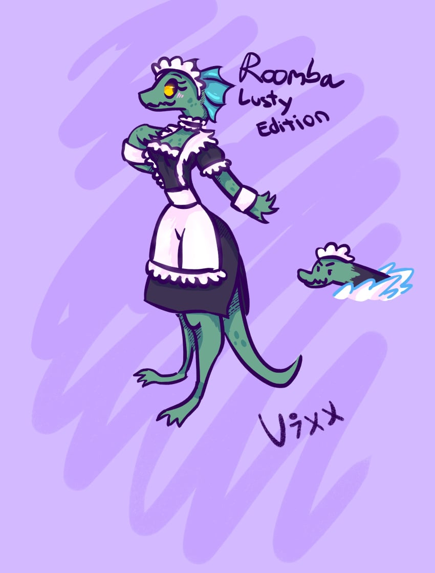 anthro argonian bethesda_softworks clothed comedy female female_only lusty_argonian_maid maid maid_headdress maid_uniform roomba scalie sfw solo the_elder_scrolls vixxies