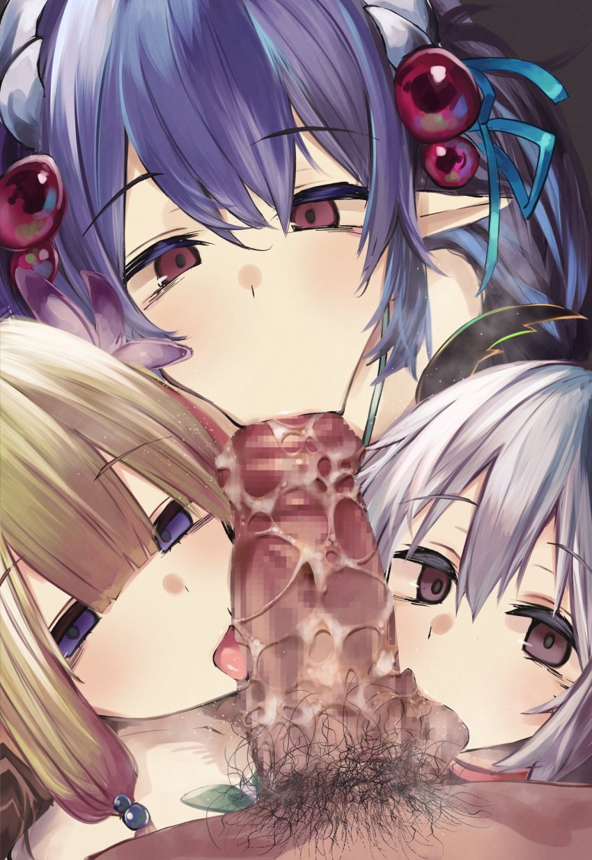 3girls blonde_hair blue_eyes blue_hair brown_eyes censored duel_monster duplicate fellatio female grey_hair hair_bobbles hair_ornament highres horns jpeg licking licking_penis mosaic_censoring multiple_girls oral penis pointy_ears pubic_hair red_eyes suujiniku testicle_sucking traptrix_atrax traptrix_myrmeleo traptrix_nepenthes yu-gi-oh!