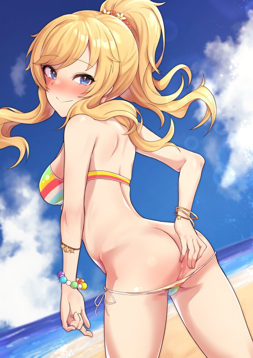 absurdres anus ass bangs bare_shoulders beach bead_bracelet beads bikini bikini_pull blonde_hair blue_eyes blush bracelet breasts clothes_pull commentary_request cowboy_shot eyebrows_visible_through_hair female from_behind hair_ornament heart heart_in_eye highres idolmaster idolmaster_cinderella_girls jewelry large_breasts long_hair looking_at_viewer looking_back ocean oops ootsuki_yui outdoors ponytail pussy pussy_peek shiny shiny_hair smile solo standing striped striped_bikini swimsuit symbol_in_eye w