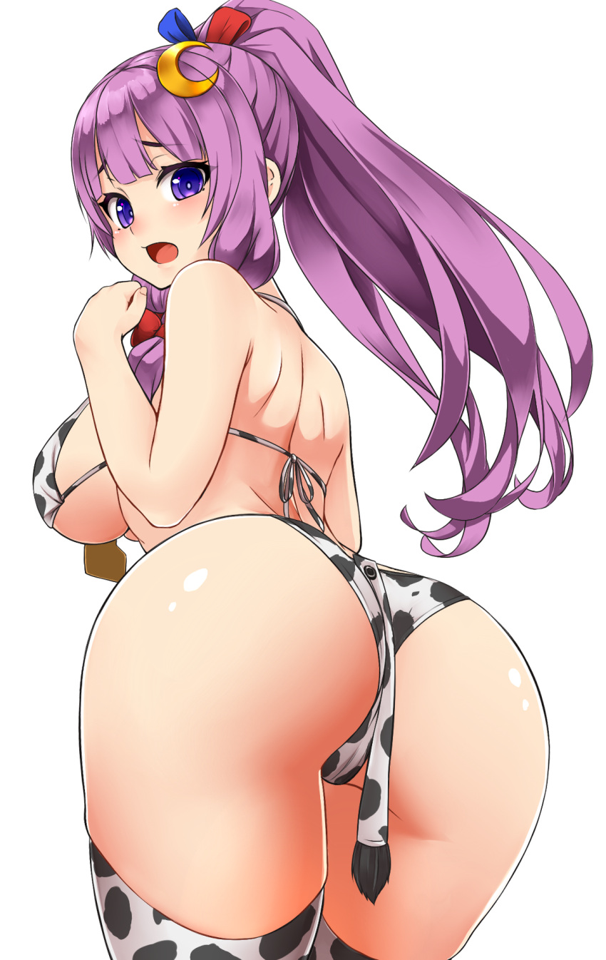 ass bangs bare_arms bare_shoulders bikini blunt_bangs bow breasts crescent crescent_hair_ornament fake_tail female from_behind hair_ornament hairbow highres large_breasts long_hair looking_at_viewer looking_back patchouli_knowledge ponytail purple_eyes purple_hair red_bow shiron_(e1na1e2lu2ne3ru3) solo striped striped_bikini swimsuit tail thighhighs touhou transparent_background white_bikini white_legwear