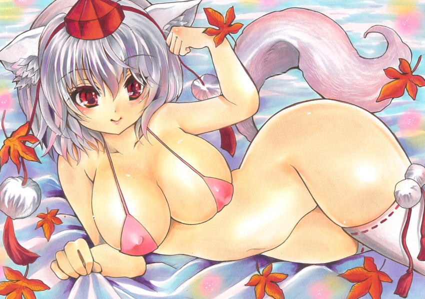 animal_ears bikini blush bottomless breasts female hat momiji_inubashiri red_eyes short_hair silver_hair solo swimsuit tail thighhighs tokin_hat touhou twobee wolf_ears wolf_tail