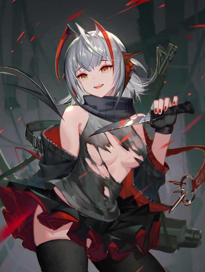 antenna_hair arknights black_gloves breasts cleavage demon_horns demon_tail fangs female female_only fingerless_gloves grenade_launcher holding_knife jacket keychain knife miniskirt nail_polish open_jacket open_mouth pleated_skirt red_fingernails scarf skirt smile tail thighhighs torn_shirt two-sided_jacket w_(arknights) weapon_on_back weapons