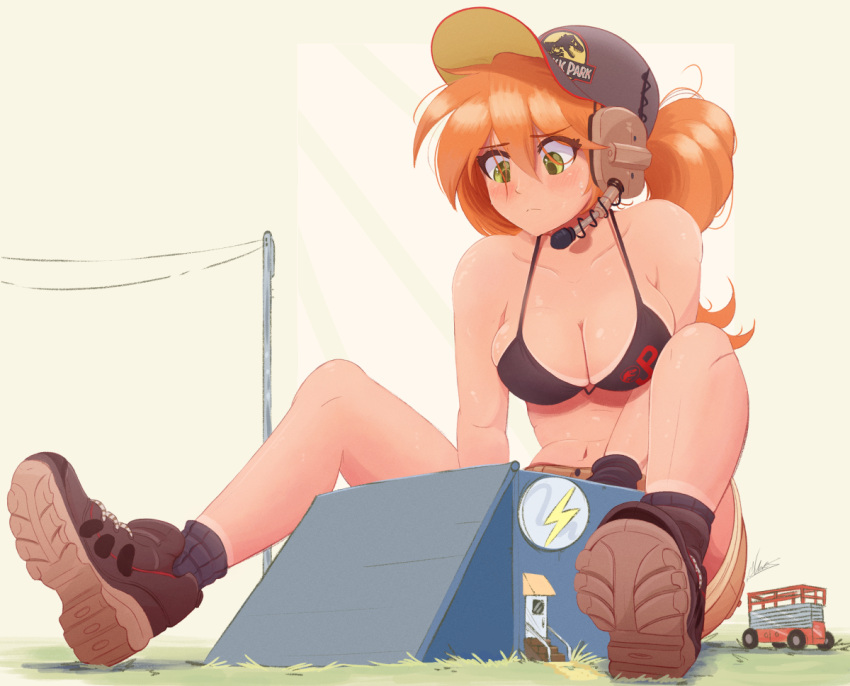 bikini boots eyebrows_visible_through_hair fixing focus giantess gigantic_breasts huge_breasts jurassic_park park_ranger ranger_jen_(raps) raps red_hair sitting skyjack