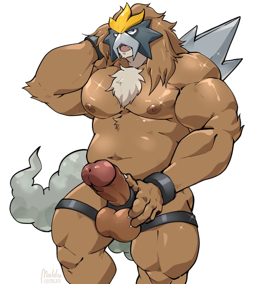 absurd_res anthro anthrofied balls bara big_muscles brown_body brown_fur chest_tuft entei erection fur genitals hi_res legendary_pokémon maldu male male_only muscular muscular_anthro muscular_male navel nintendo nipples pecs penis pokémon_(species) pokemon shiny_pokémon simple_background solo tuft video_games white_background