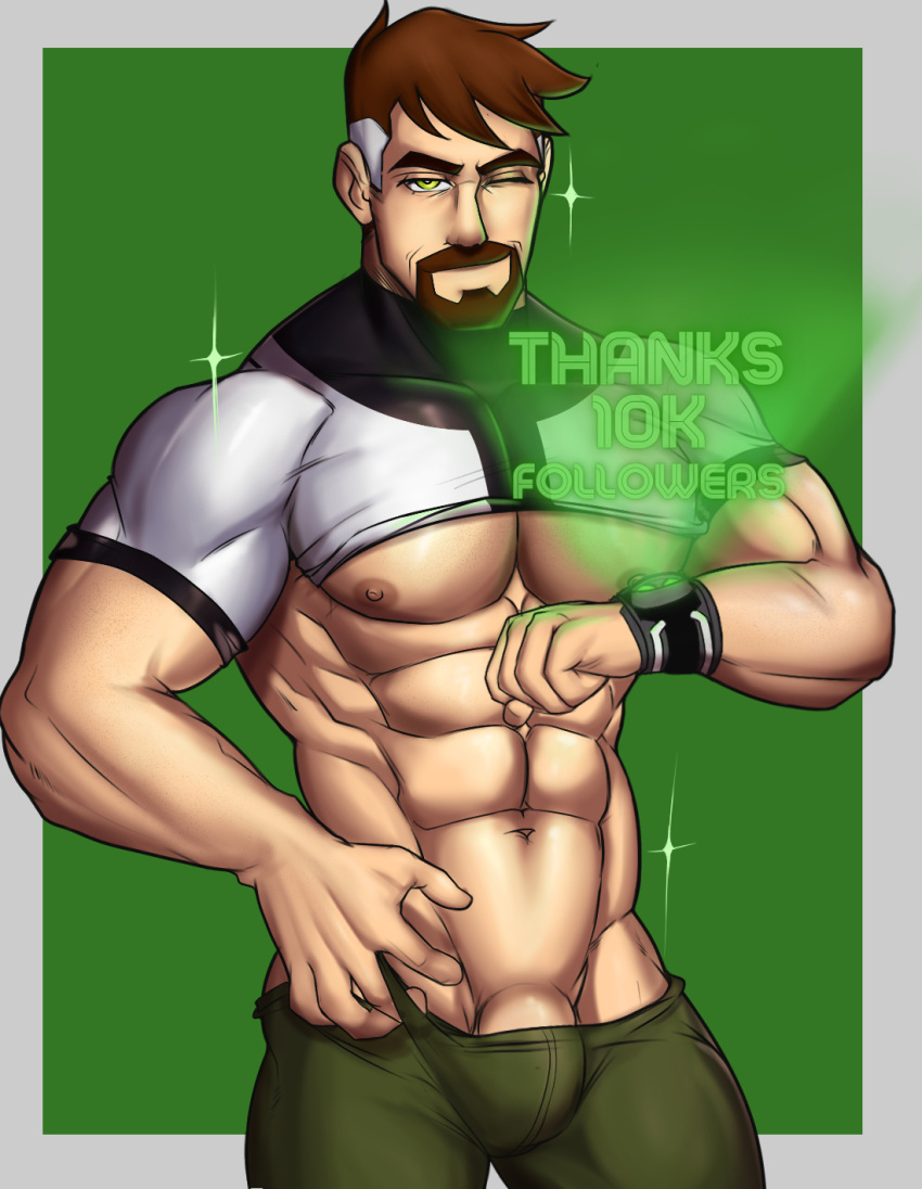 abs beard ben_10 ben_10000 ben_tennyson bulge dilf male male_focus male_only muscular_male shirt_up tankboyart underpec underwear winking_at_viewer