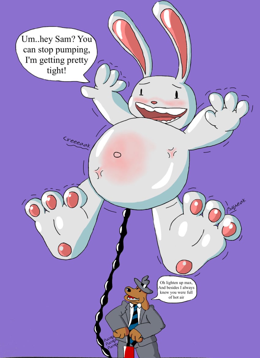 air_pump anthro balloon balloon_fetish bloated_belly canine english_text inflation max_(sam_and_max) rabbit sam_(sam_and_max) sam_and_max sound_effects speech_bubble toe_beans white_rabbit