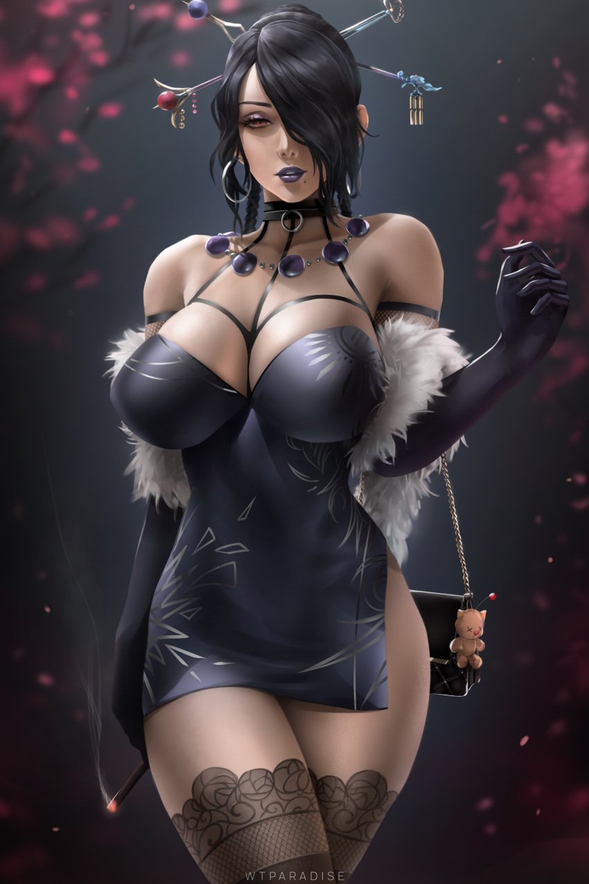 1girls 2022 artist_signature beauty_mark black_hair breasts cleavage collar dress elbow_gloves eyelashes eyeliner eyeshadow female female_only final_fantasy final_fantasy_x goth hair_ornament hair_over_one_eye hi_res hips hourglass_figure huge_breasts lingerie lipstick long_gloves long_hair looking_at_viewer lulu_(ff10) lulu_(final_fantasy) makeup milf mole mole_under_mouth purple_lipstick purse red_eyes short_dress side_slit simple_background slim_waist square_enix stockings thick_lips thick_thighs thighhighs thighs tied_hair very_long_hair watermark we1cometoparadiseart welcometoparadise wide_hips wtparadise