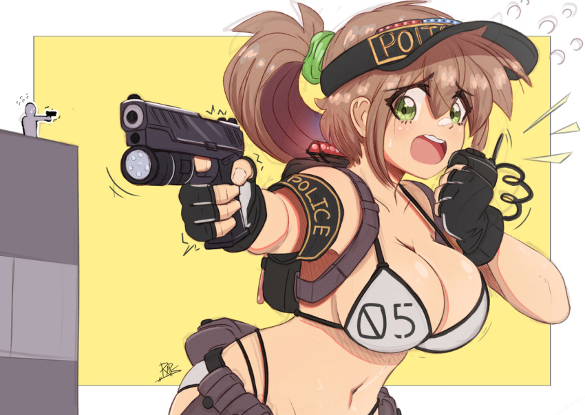 armwear belt bikini characterful cop female firearm giant giantess gun handgun handwear headwear huge_breasts human nervous nervous_sweat original_character pale_skin police raps swimwear tactical_nudity uniform weapon