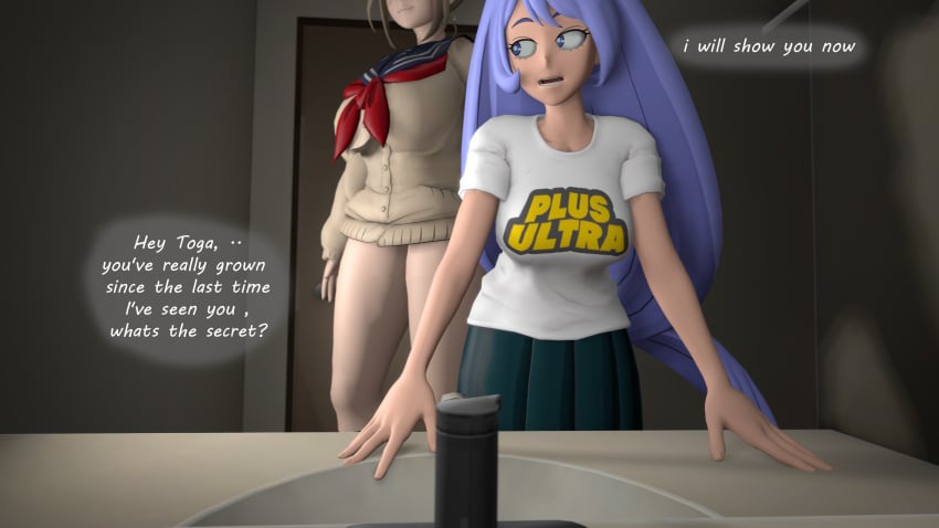 2girls 3d aledeko barely_clothed bathroom clothing female half_naked himiko_toga large_breasts light-skinned_female my_hero_academia nejire_hado purple_hair school_skirt school_uniform schoolgirl schoolgirl_uniform skirt thighs