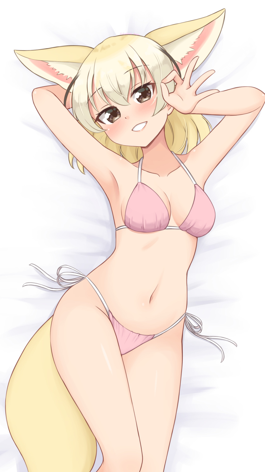 absurdres animal_ears armpits bikini blonde_hair blush bra breasts brown_eyes cleavage eyebrows_visible_through_hair female female fennec_(kemono_friends) fox_ears fox_tail highres kemono_friends looking_at_viewer medium_breasts navel panties pink_panties pink_swimsuit shiraha_maru side-tie_bikini smile solo swimsuit tail underwear