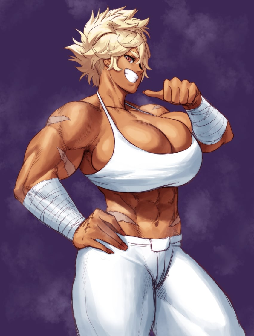 1girls abs absurd_res arm_wraps bandaged_arm biceps buff bursting_breasts cleavage crop_top debonair_diamond hi_res huge_breasts muscle muscular muscular_arms muscular_female navel purple_background scar scars short_hair simple_background smile solo sotcho sports_bra the_hunters_guild:_red_hood thick_thighs white_bra white_clothing wraps wristwear