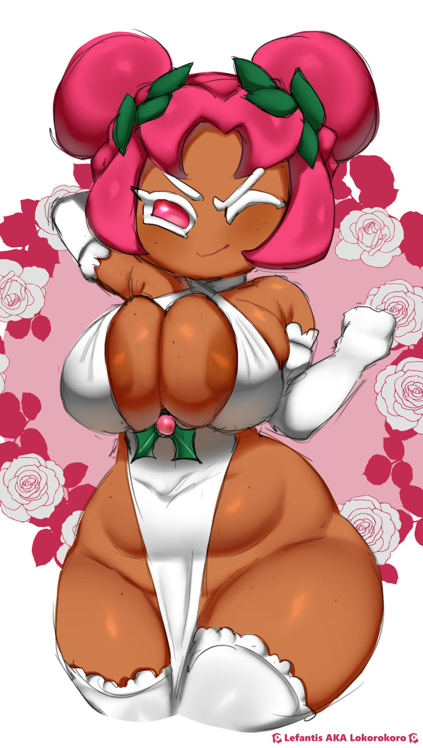 1girls areola_slip breasts brown_skin cleavage cookie_run elbow_gloves female female_only hair_bun holly_(plant) hollyberry_cookie huge_breasts lefantis looking_at_viewer one_eye_closed pink_eyes pink_hair solo stockings thick_thighs tight_clothing