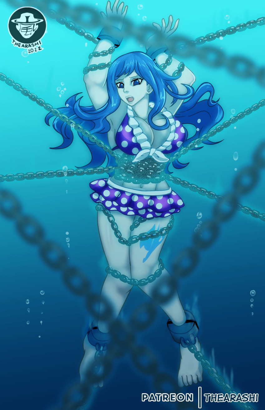 1girls asphyxiation bikini bikini_skirt blue_eyes blue_hair bondage chain chains drowning fairy_tail front-tie_bikini handcuffs implied_snuff juvia_lockser swimsuit thearashi tied_hands tied_up underwater water