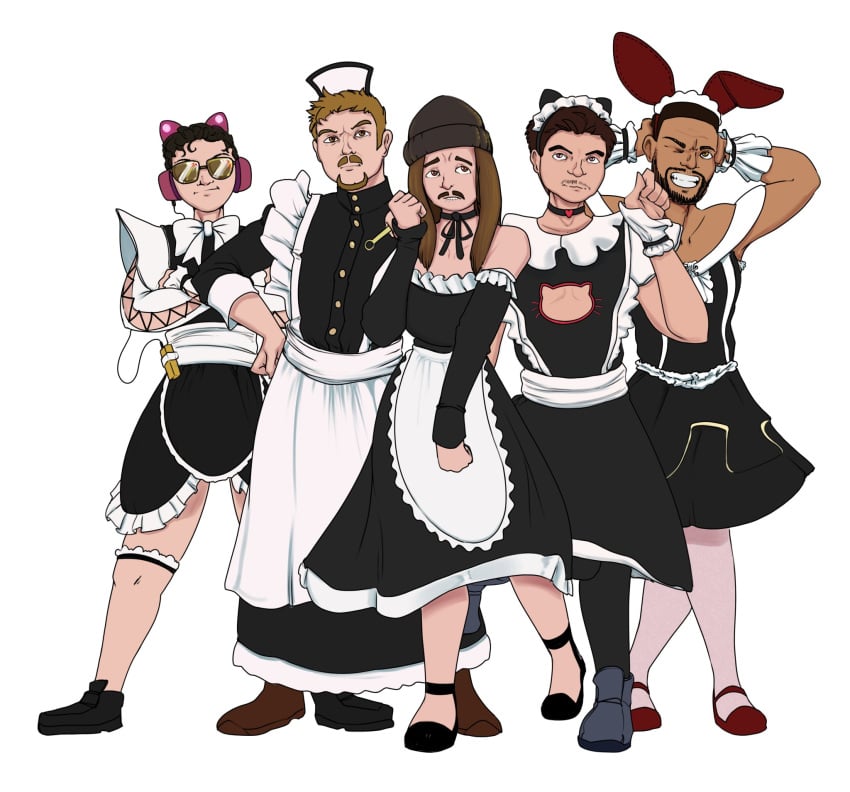 5boys black_hair bow brown_eyes bryceup bunny_ears cat_cutout cat_ear_headphones cat_headphones crossdressing dep glasses headphones itszachgg jimmyhere jimmyhere_(copyright) maid_uniform one_eye_closed one_eye_open shoes suddenlyspoons tagme white_background