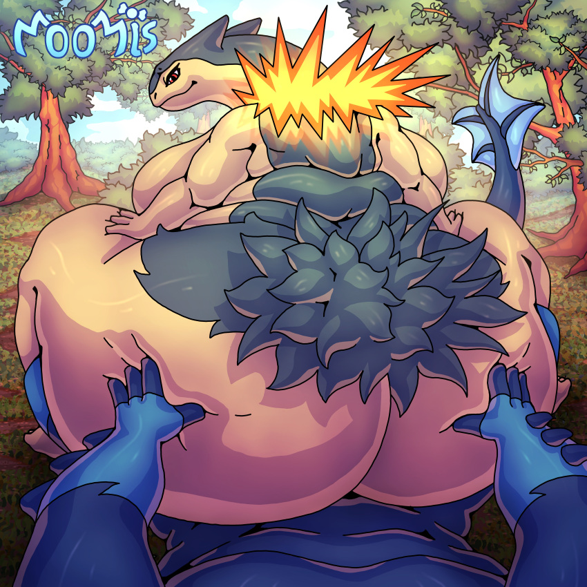 absurd_res ass big_breasts big_butt breasts detailed_background female forest hi_res hot_dogging huge_breasts huge_butt moomis morbidly_obese morbidly_obese_female nintendo obese obese_female overweight overweight_female plant pokemon pokemon_(species) sitting tree typhlosion video_games wide_hips