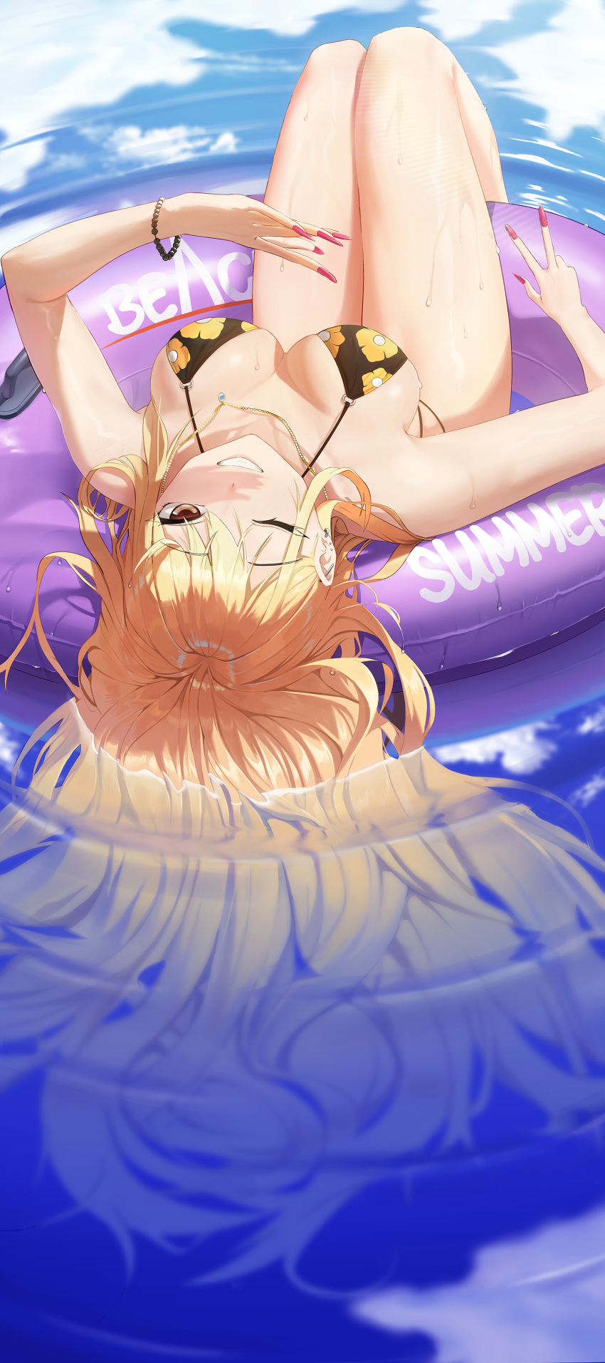 1girls big_breasts bikini black_bikini blonde_hair breasts brown_eyes busty cleavage female female_only grin kitagawa_marin large_breasts legs lifesaver long_hair looking_at_viewer lying one_eye_closed smile solo sono_bisque_doll_wa_koi_wo_suru swimsuit thighs upside-down v water wet wink