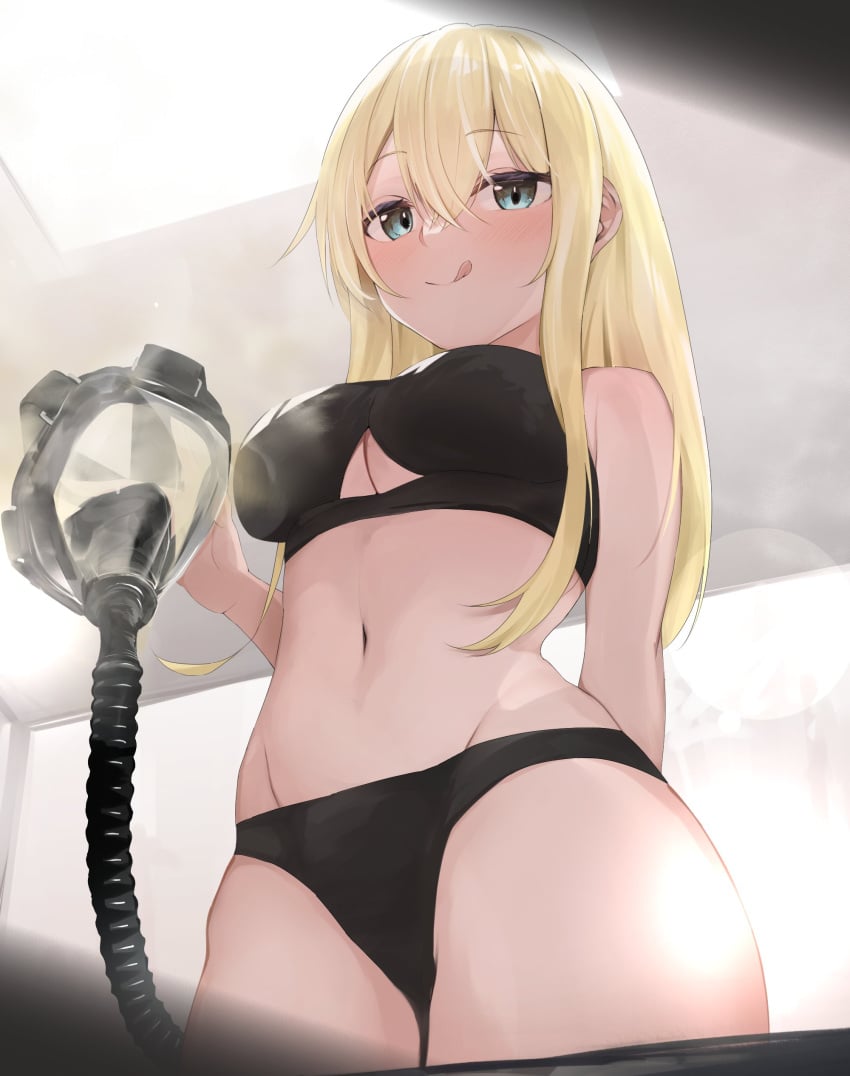 1girls black_bra black_panties blonde_hair blue_eyes blush bra gas_mask looking_at_viewer looking_down looking_down_at_viewer mask panties pov pov_eye_contact smile solo_female tongue_out tsuchiro tube underboob