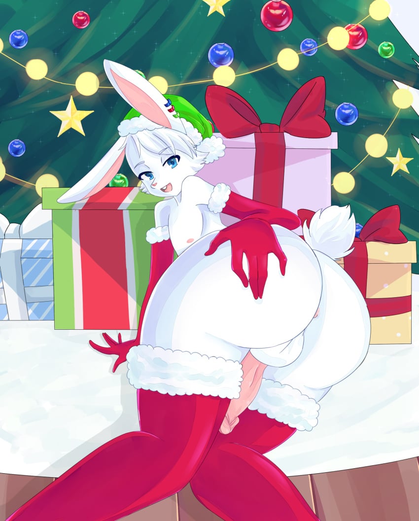 anthro ass christmas christmas_clothing christmas_headwear clothing digital_media_(artwork) genitals gift girly harulina hat headgear headwear hi_res holidays lagomorph leporid looking_at_viewer male mammal penis presenting presenting_hindquarters rabbit santa_hat solo teasing themadrabbit