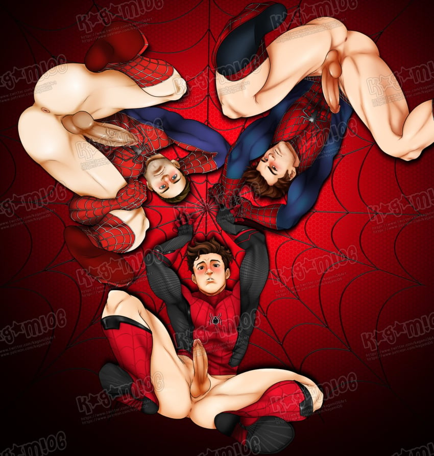 3boys andrew_garfield ass asshole blush brown_hair kagami06 legs_spread looking_at_viewer lying_on_back male male_only marvel marvel_cinematic_universe partially_clothed peter_parker spider-man spider-man:_no_way_home spider-man_(series) spider-man_(tom_holland) spider_web straight_hair stubble tobey_maguire tom_holland useless_clothing