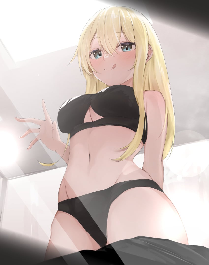 1girls black_bra black_panties blonde_hair blue_eyes blush bra looking_at_viewer looking_down looking_down_at_viewer panties pov pov_eye_contact smile solo_female tongue_out tsuchiro underboob