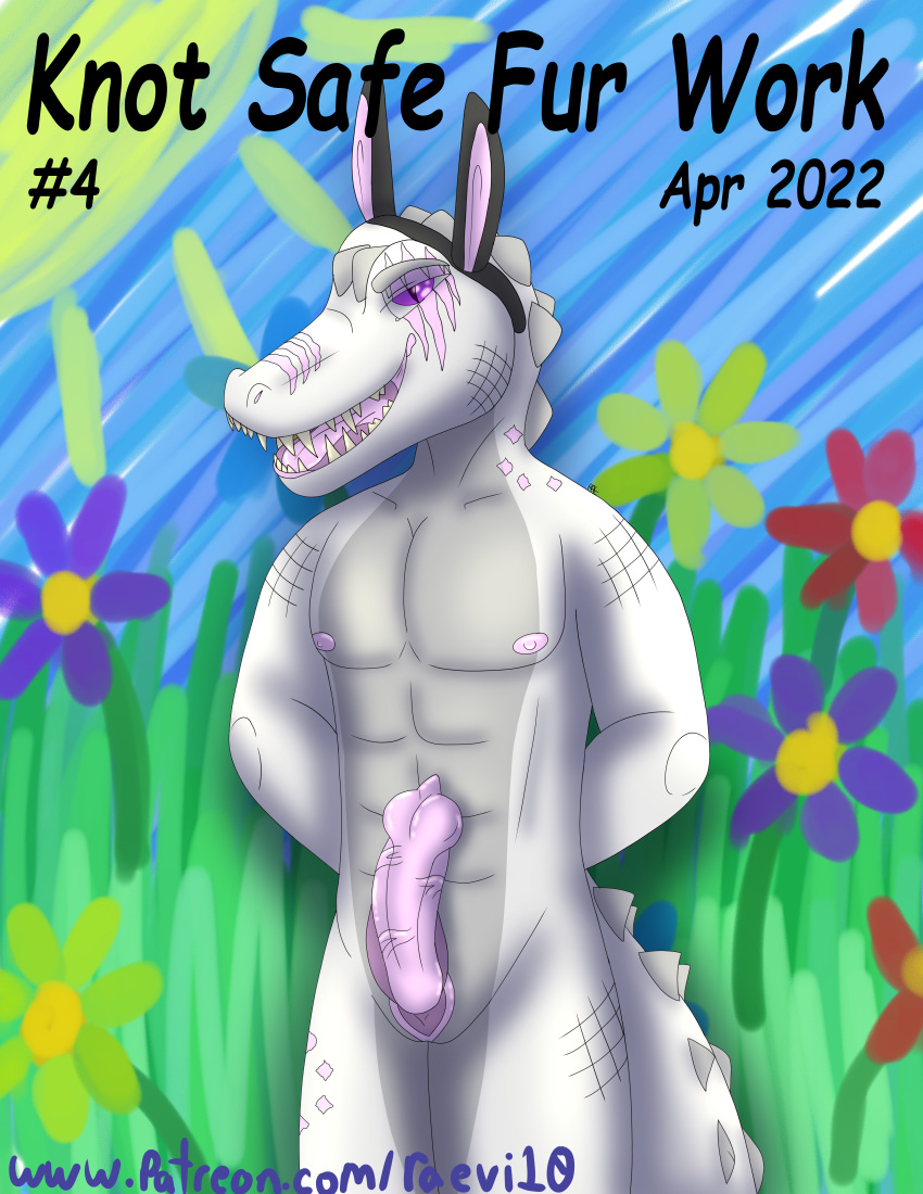 absurd_res alligator alligatorid animal_genitalia animal_penis anthro anthro_only cover crocodilian crocodilian_penis easter fake_ears fake_rabbit_ears genital_slit genitals hi_res holidays huge_filesize knot_safe_fur_work magazine magazine_cover male penis pinup pose raevi10 reptile scalie slit solo