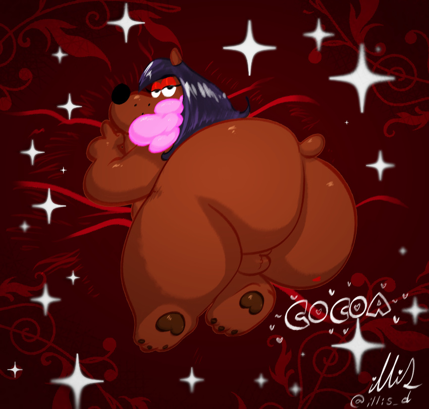 anthro ass balls bear big_ass big_butt brown_fur cocoa_goodlove feather_boa furry furry_only heart_pawpads illis purple_hair satin satin_sheets solo_focus sparkles testicles toony