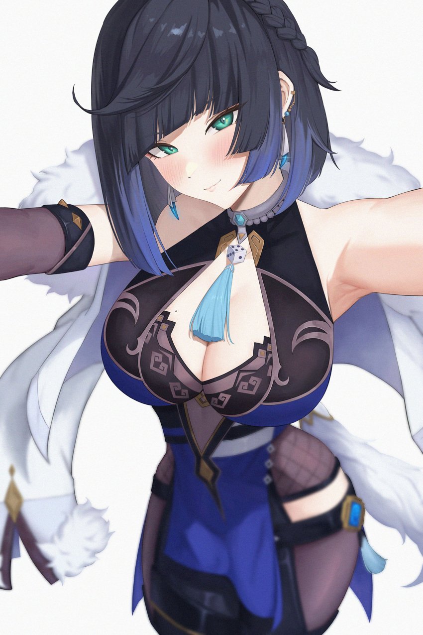 1girls asymmetrical_clothes bangs blue_hair blue_highlights blush bob_cut breasts choker cleavage cleavage_cutout curvy dark_blue_hair dice female female_focus genshin_impact green_eyes hips indigo_hair jewelry large_breasts looking_at_viewer mole_(marking) short_hair sleeveless_shirt sp123 thigh_gap vision_(genshin_impact) white_jacket yelan_(genshin_impact)