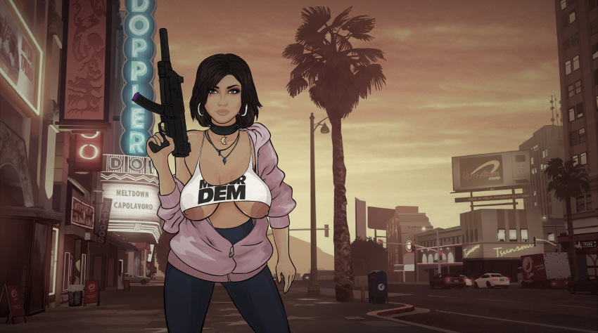 bare_shoulders brown_hair choker earrings emotionless erect_nipples expressionless female_only femsub grand_theft_auto grand_theft_auto_online gta_online_female_character gun huge_breasts indifferent jacket karika3323 leggings necklace short_hair solo suppressor text