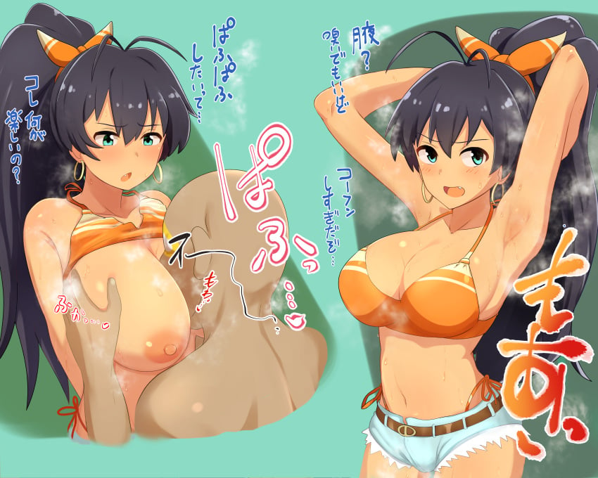 1boy 1girls armpits arms_up blush cute_fang daba daisy_dukes earrings ganaha_hibiki hibiki_ganaha hoop_earrings idolmaster idolmaster_(classic) large_breasts motorboating ponytail smell sweat sweaty the_idolm@ster