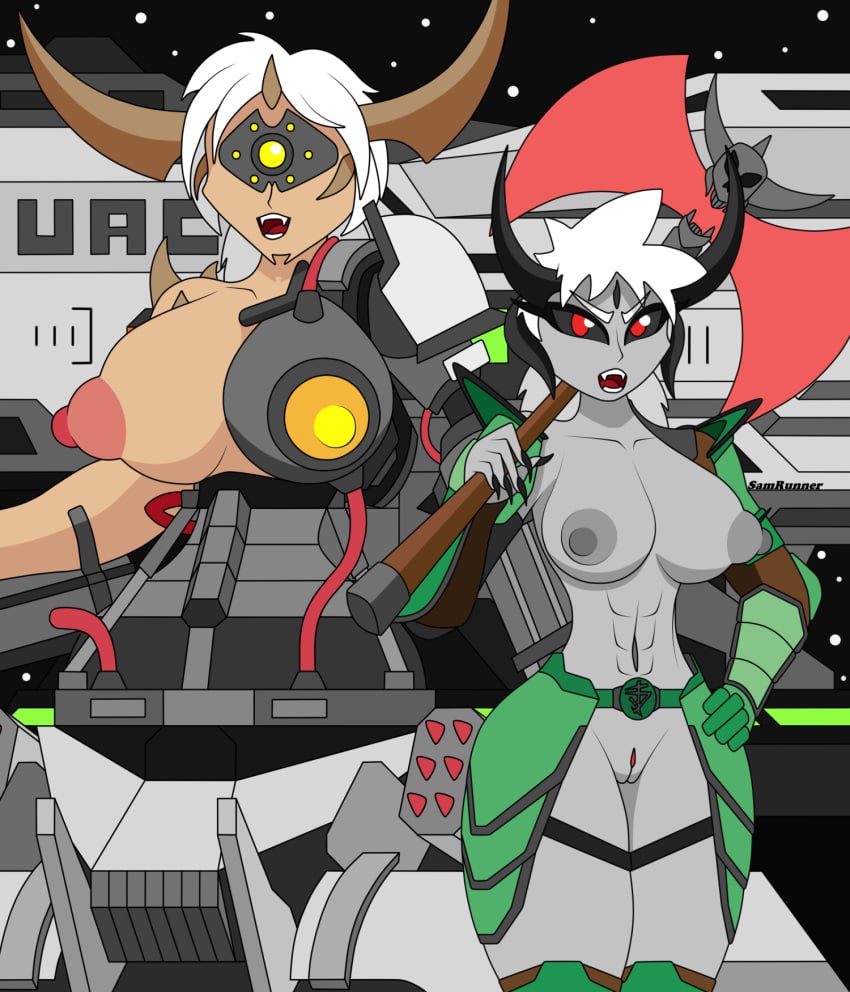 2girls big_breasts breasts clothing cyborg demon demon_girl doom doom_eternal doom_hunter_(doom) female looking_at_viewer marauder_(doom) mechanical monster monster_girl multiple_girls nipples nude nude_female pussy rule_63 samrunner thick_thighs thighhighs thighs