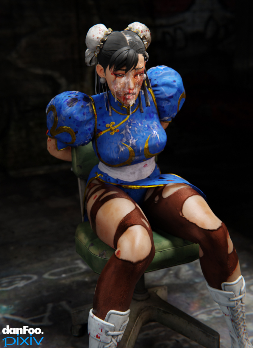 1girls 3d bangs beaten beaten_bloody beaten_up black_hair blood bondage boots bound bound_arms bound_to_chair bruise bruise_on_face bruised bruises bukkake capcom captured captured_heroine chair chinese chinese_clothes chun-li damaged_clothes danfoo defeated earrings female female_only hair_bun heroine heroine_in_trouble human kidnapped pantyhose pixiv ruined_makeup ryona semen solo stockings street_fighter street_fighter_v torn_clothes torn_clothing torn_pantyhose watermark