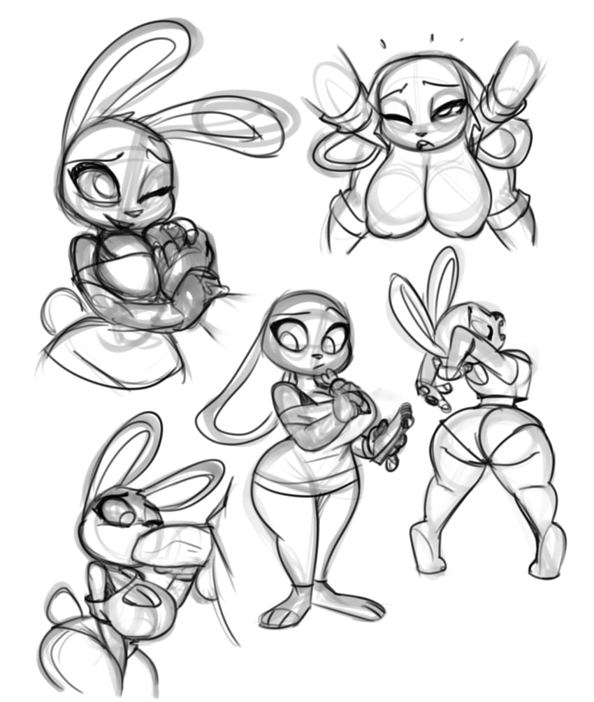 2022 anthro ass balls big_breasts big_butt bigdad breast_grab breast_play breasts carrot_pen clothing disney duo female genitals hand_on_breast hi_res judy_hopps lagomorph large_breasts leporid male male/female mammal monochrome notebook oral penis rabbit shorts sketch thick_thighs zootopia