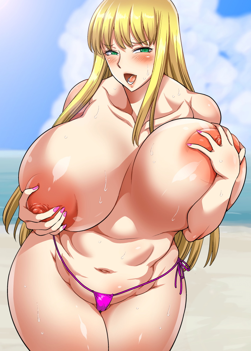 1girls areolae bangs bare_shoulders beach big_breasts bikini blonde_hair blush breast_grab breasts collarbone curvy eyebrows_visible_through_hair eyelashes female female_focus female_only g-string green_eyes hat hi_res hips huge_breasts human kochikame large_areolae large_breasts leaning_forward light-skinned_female light_skin long_hair looking_at_viewer makeup micro_bikini musashino_sekai nail_polish naughty_face navel open_mouth pink_nails pinup policewoman puffy_nipples reiko_katherine_akimoto seductive shounen_jump side-tie_bikini skimpy solo solo_female sweat sweatdrop teeth thick_thighs thighs third-party_edit thong tongue topless voluptuous wide_hips