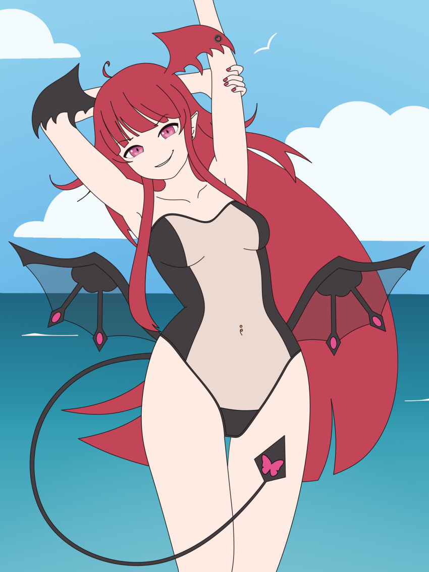 1girls beach bikini demon demon_girl female female_only gris_swimsuit head_wings horns light-skinned_female light_skin luto_araka navel_piercing noality pink_eyes pointy_ears prism_project red_hair smirking solo succubus swimsuit tagme tail virtual_youtuber wings