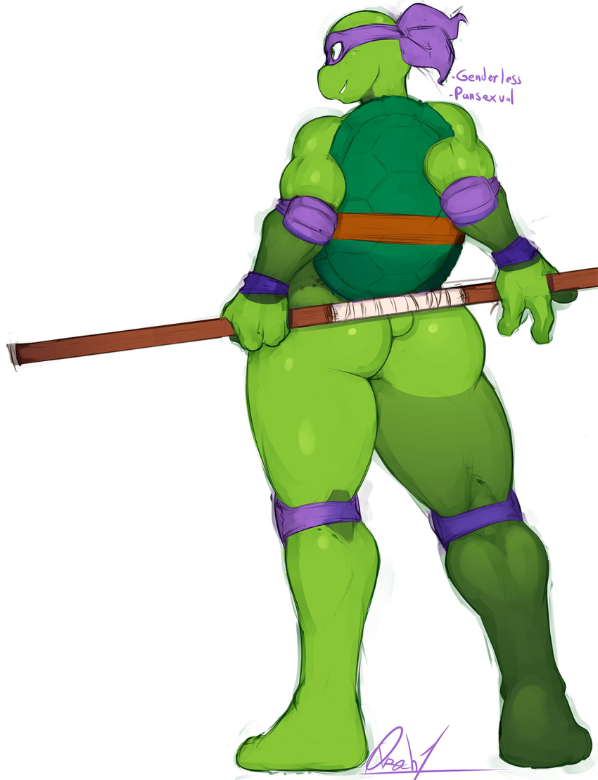 0r0ch1 1boy anthro ass bo_staff bubble_ass bubble_butt donatello_(tmnt) elbow_pads femboy green_body green_skin hi_res knee_pads male_only mask melee_weapon reptile scalie shell smile solo solo_male teenage_mutant_ninja_turtles thick_thighs turtle weapon