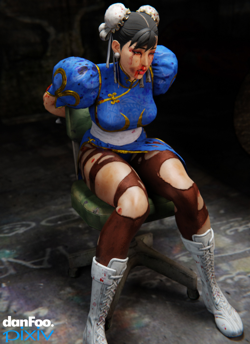 1girls 3d bangs beaten beaten_bloody beaten_up black_hair blood bondage boots bound bound_arms bound_to_chair bruise bruised_eye bruises capcom captured captured_heroine chair chinese chinese_clothes chun-li damaged_clothes danfoo defeated female female_only hair_bun heroine heroine_in_trouble human kidnapped pantyhose pixiv ruined_makeup ryona solo stockings street_fighter torn_clothes torn_pantyhose watermark