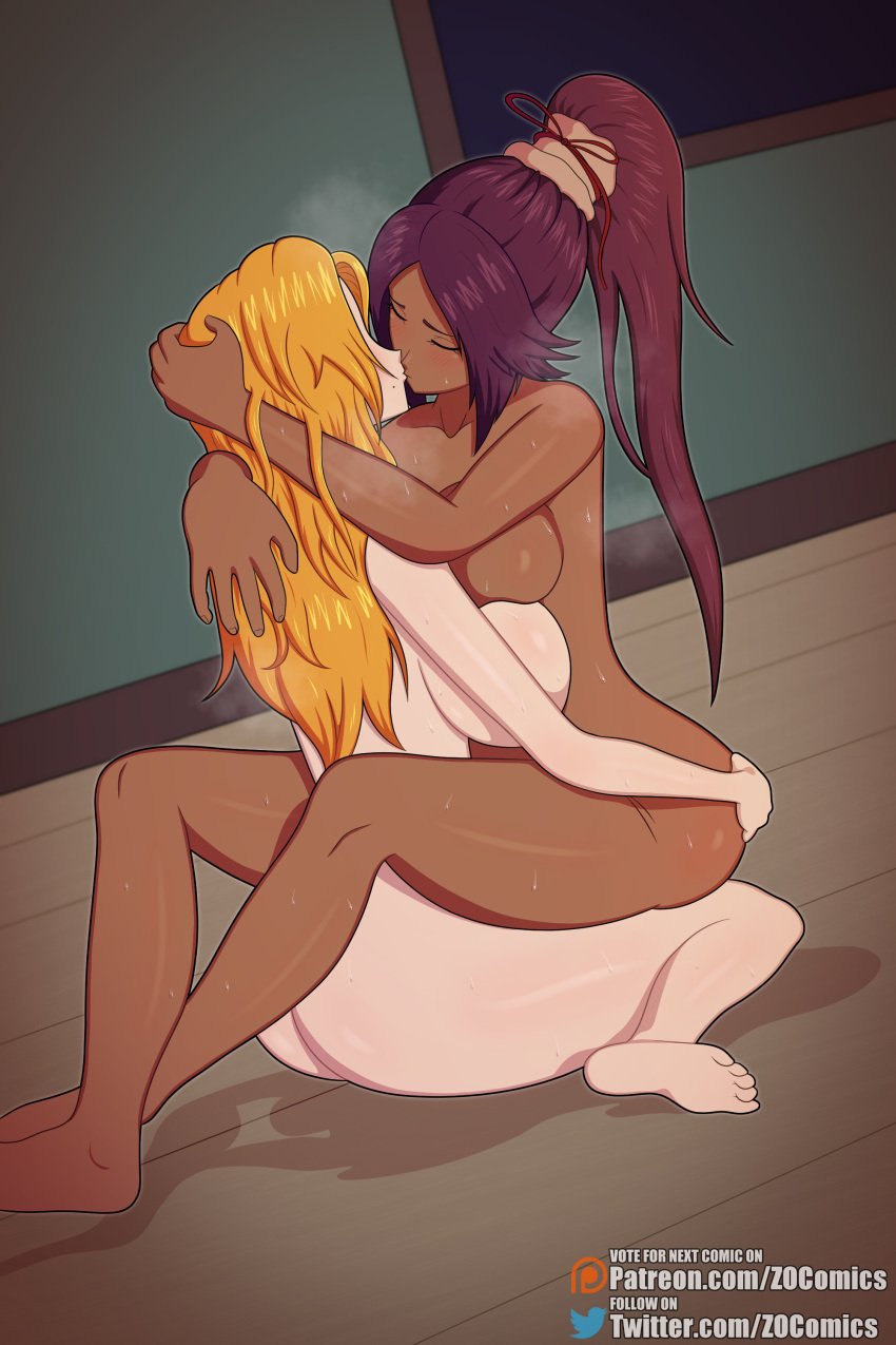 2girls ass asymmetrical_docking big_ass black_hair black_hair_bottom bleach blush breast_press breasts closed_eyes curvy dark-skinned_female dark_skin digital_media_(artwork) domination duo female/female female_only interracial kissing large_breasts light_hair_on_dark_hair light_skin matsumoto_rangiku mole multiple_girls nude nude_female orange_hair purple_hair red_hair red_hair_on_black_hair red_hair_top shihouin_yoruichi sideboob sitting_on_person thighs yuri zocomics