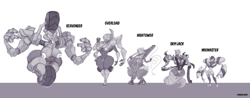 1boy 4girls black_and_white bottomless breasts_out bugzilla chubby_female constructicons demolisher mixmaster multi_arm multi_limb multiple_girls penis_out robot_girl rule_63 size_comparison transformers transformers_(bayverse) whip