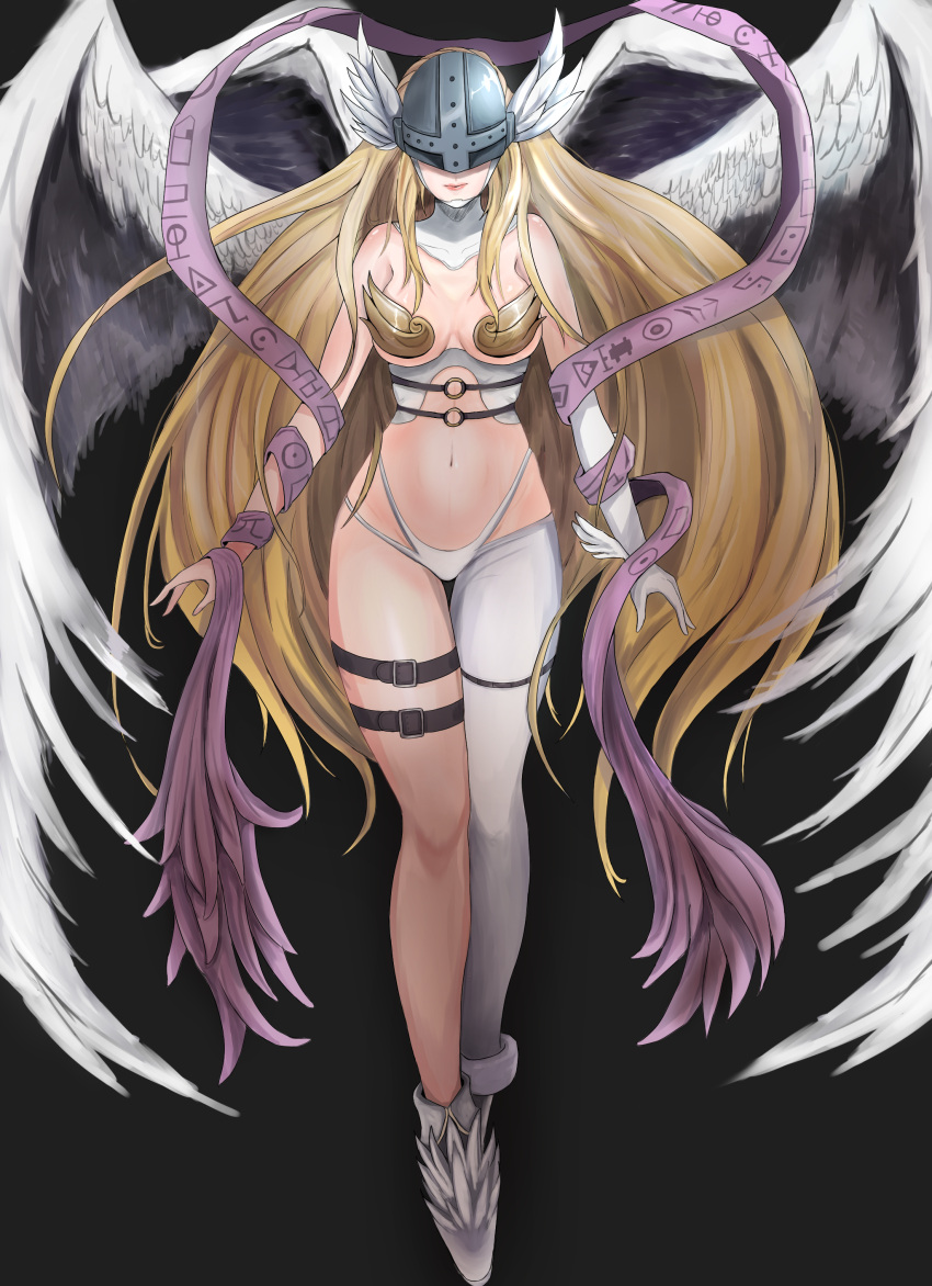 1girls 4_wings alien_adviser angel angel_wings angewomon asymmetrical_clothes blonde_hair clothed digimon digimon_(species) digimon_adventure eyes_covered female helmet long_hair pinup ribbon skimpy solo very_long_hair wings