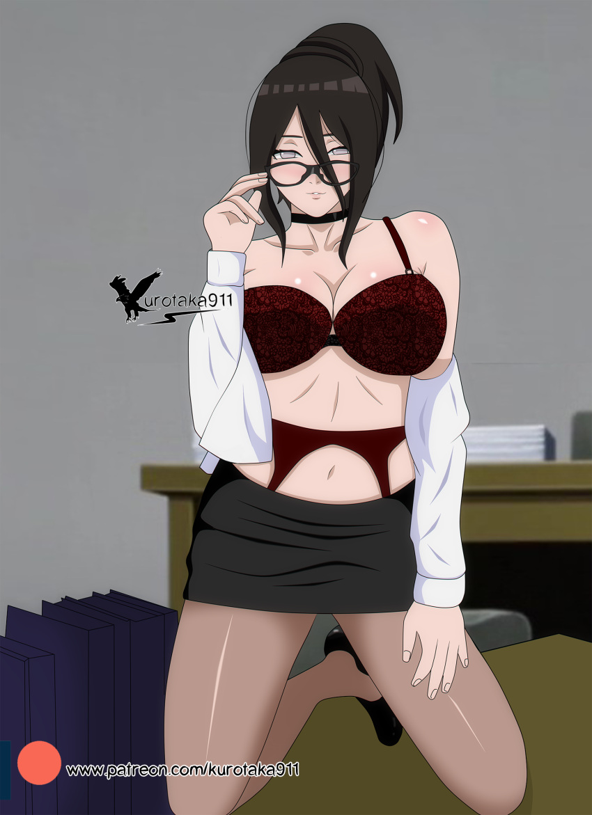 adjusting_glasses agung911 alternate_costume alternate_hairstyle artist_name bangs bare_shoulders big_breasts body_blush boruto:_naruto_next_generations bra breasts breasts_out brown_hair choker cleavage clothed clothing collarbone cosplay costume desk eyewear female female_only folder footwear garter_belt garter_straps glasses hair_between_eyes hair_bun heels highres hyuuga_hanabi kneeling legwear light-skinned_female light_skin long_hair midriff naruto naruto_(series) navel off_shoulder office_lady on_desk on_knees open_clothes open_shirt paipan pale-skinned_female pale_skin parted_lips pinup red-framed_glasses revealing_clothes seductive seductive_eyes seductive_look shoes sidelocks skirt solo solo_female solo_focus stockings teacher tied_hair underwear violet_eyes watermark