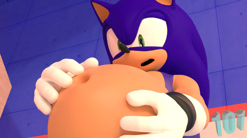 16:9 3d_(artwork) 4k absurd_res anthro belly big_belly blender_(software) blue_body blue_fur blue_hair clothing digital_media_(artwork) eulipotyphlan fur gloves green_eyes hair handwear hedgehog hi_res inflation male mammal navel onehundredandone sega solo sonic_(series) sonic_the_hedgehog video_games widescreen